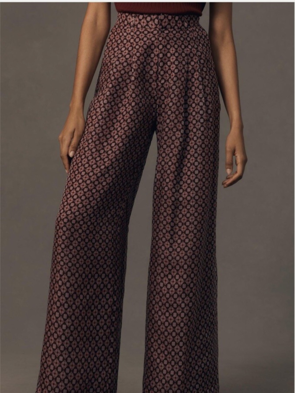 Maeve Anthropologie Silk Avery Burgundy Diamond Print Wide Leg Pants Womens - Picture 6 of 7